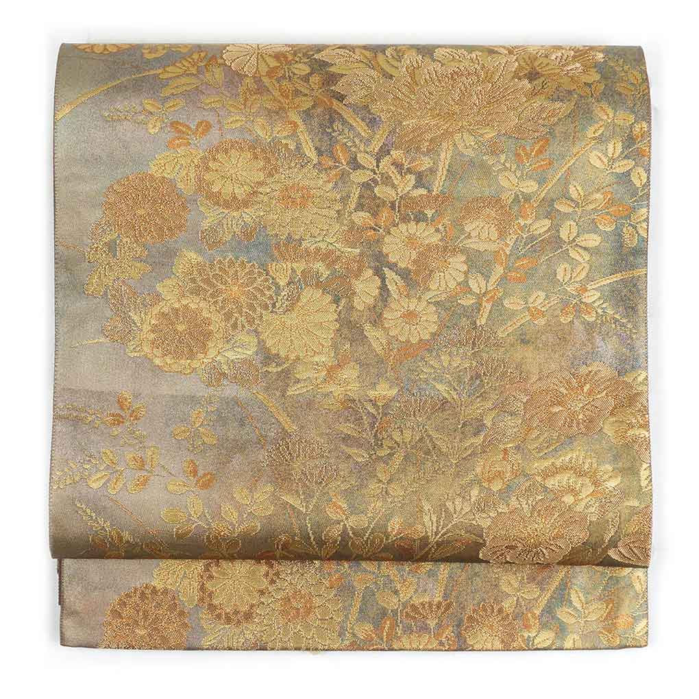 【中古】袋帯 リサイクル着物 幅31cm 長さ436cm レディース 花柄 秋冬春用 正絹（シルク）金地 美品 リメイク リユース