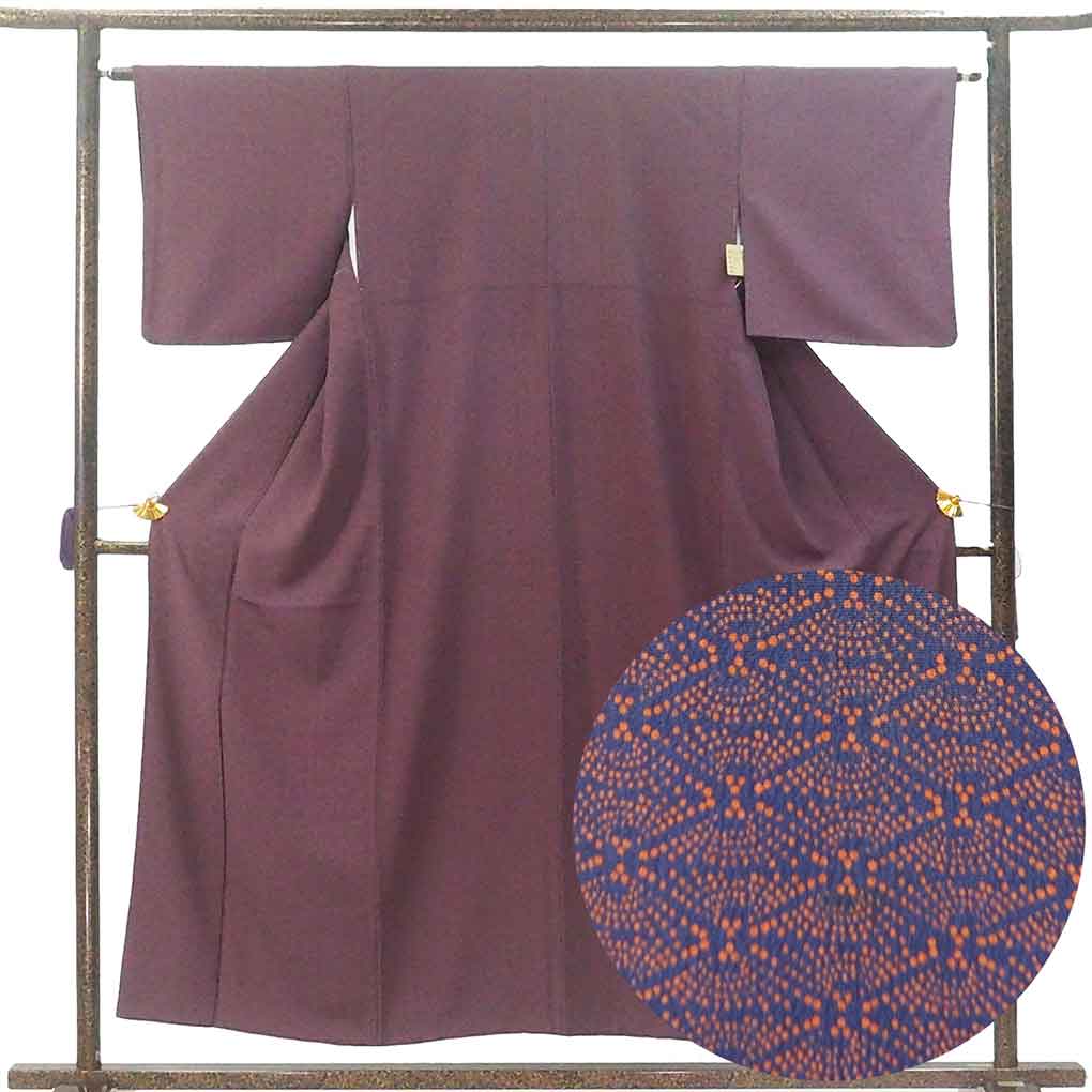 【中古】小紋 リサイクル着物 身丈153cm 裄63cm 前幅26cm 後幅30cm 袖丈45cm 袖幅32cm レディース 袷 扇面 裄Mサイズ 秋冬春用 正絹（シルク）パープル やや難 リメイク リユース