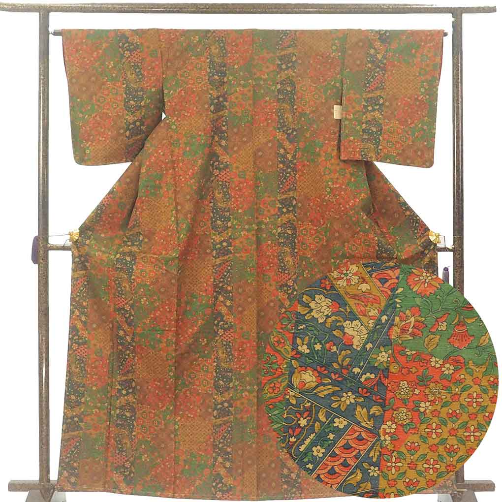 【中古】小紋 リサイクル着物 身丈165cm 裄64cm 前幅24cm 後幅28cm 袖丈49cm 袖幅32cm レディース 袷 更紗 裄Mサイズ 秋冬春用 正絹（シルク）ブラウン トールサイズ 未使用品 リメイク リユース