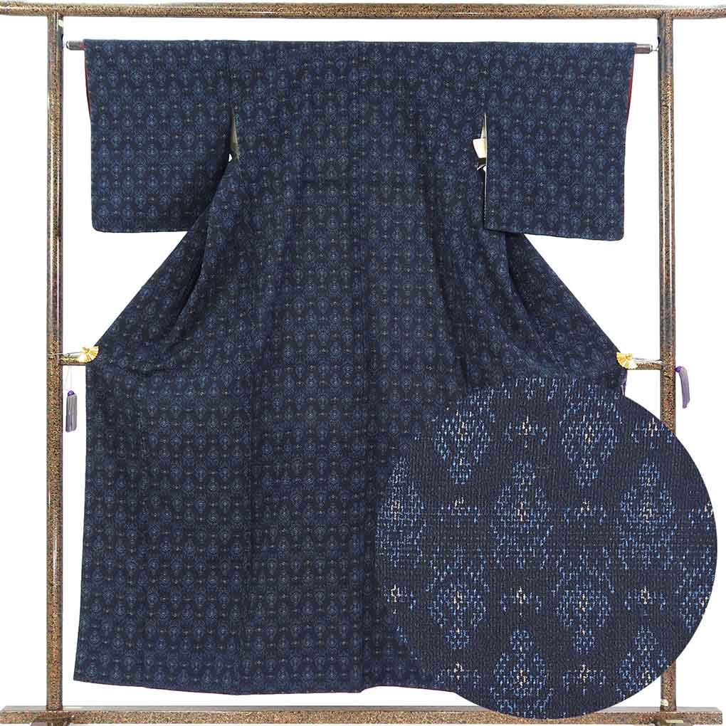 【中古】紬 リサイクル着物 身丈155cm 裄63cm 前幅24cm 後幅28.5cm 袖丈47cm 袖幅32.5cm レディース 袷 連続模様 裄Mサイズ 秋冬春用 正絹(シルク)ブラック 未使用品 リメイク リユース|リサイクル着物 呉服のきくや