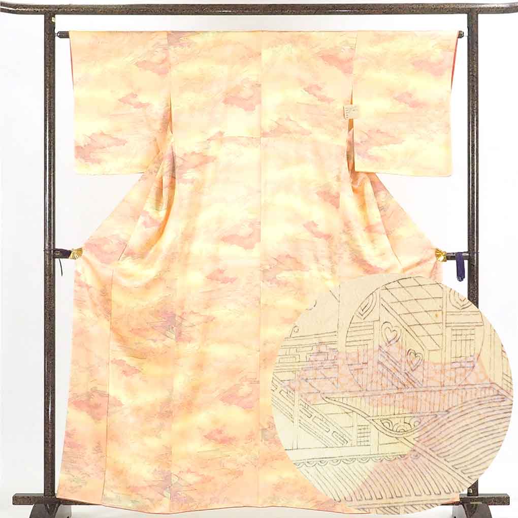 【中古】小紋 リサイクル着物 身丈162cm 裄64cm 前幅23.5cm 後幅30cm 袖丈49cm 正絹（シルク） レディース 袷仕立 秋冬春用 オレンジ地 裄Mサイズ リユース