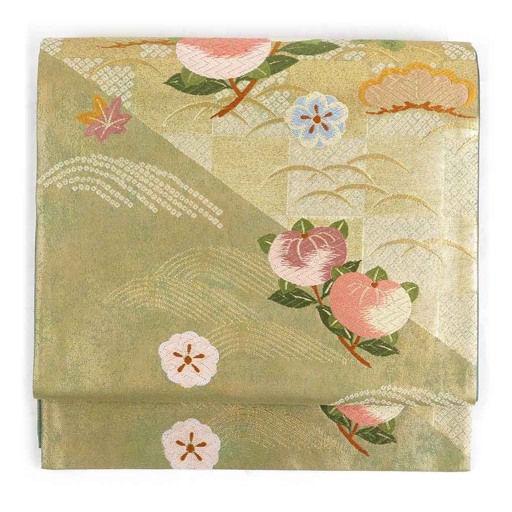 【中古】袋帯 リサイクル着物 幅31cm 長さ430cm レディース 橘 秋冬春用 正絹（シルク）金地 未使用品 リメイク リユース