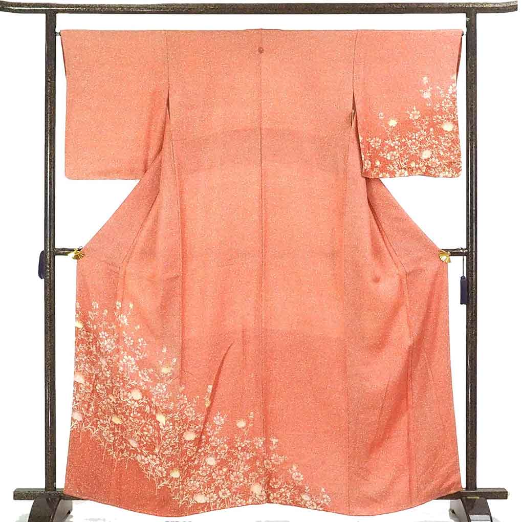 【中古】訪問着 リサイクル着物 身丈164cm 裄66cm 前幅24cm 後幅30cm 袖丈51cm 袖幅34cm レディース 袷 花柄 裄長 裄M-Lサイズ 秋冬春用 正絹（シルク）ピンク地 トールサイズ 未使用品 リメイク リユース