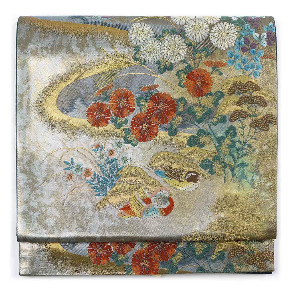 【中古】袋帯 リサイクル帯 幅31cm 長さ434cm レディース 四季の花柄 秋冬春用 正絹（シルク）ゴールド 美品 リメイク リユース