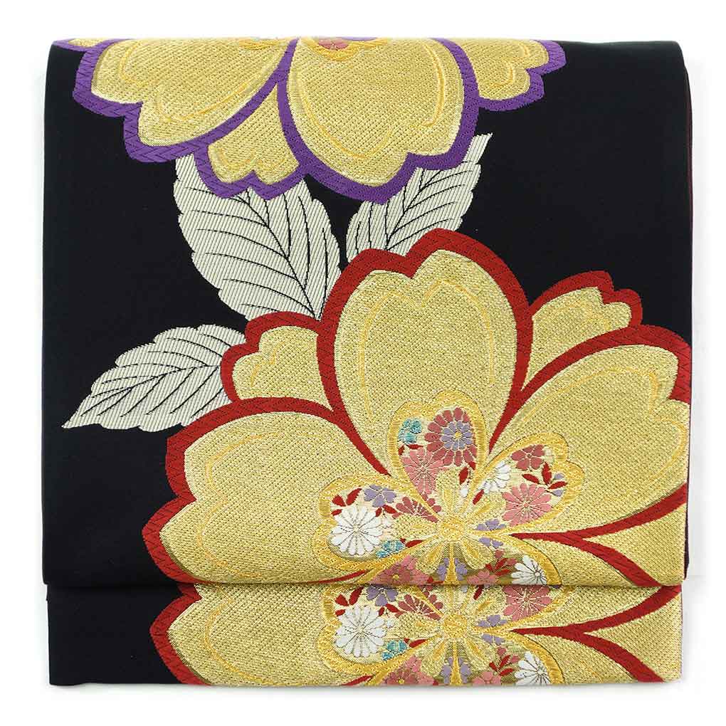 【中古】袋帯 リサイクル帯 幅31cm 長さ441cm レディース 桜 秋冬春用 正絹（シルク）ブラック 美品 リメイク リユース｜リサイクル着物 呉服のきくや 11,000円