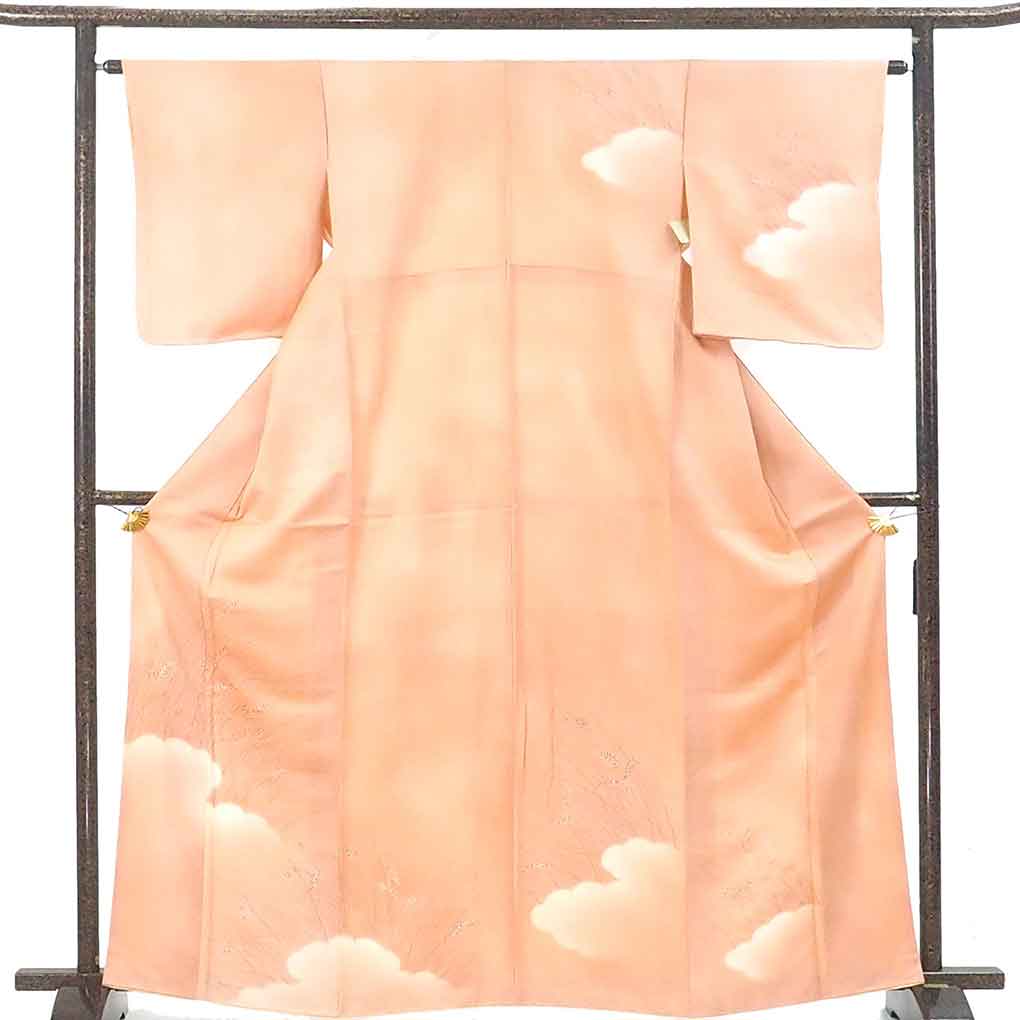 【中古】訪問着 リサイクル着物 身丈165cm 裄64cm 前幅24cm 後幅30cm 袖丈50.5cm 袖幅32cm レディース 袷 植物 裄Mサイズ 秋冬春用 正絹（シルク）オレンジ トールサイズ 未使用品 リメイク リユース｜リサイクル着物 呉服のきくや 12,012円