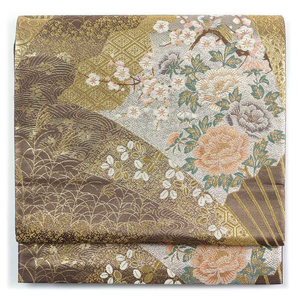 【中古】袋帯 リサイクル帯 幅30.5cm 長さ429cm レディース 扇面 秋冬春用 正絹（シルク）ブラウン 美品 リメイク リユース｜リサイクル着物 呉服のきくや