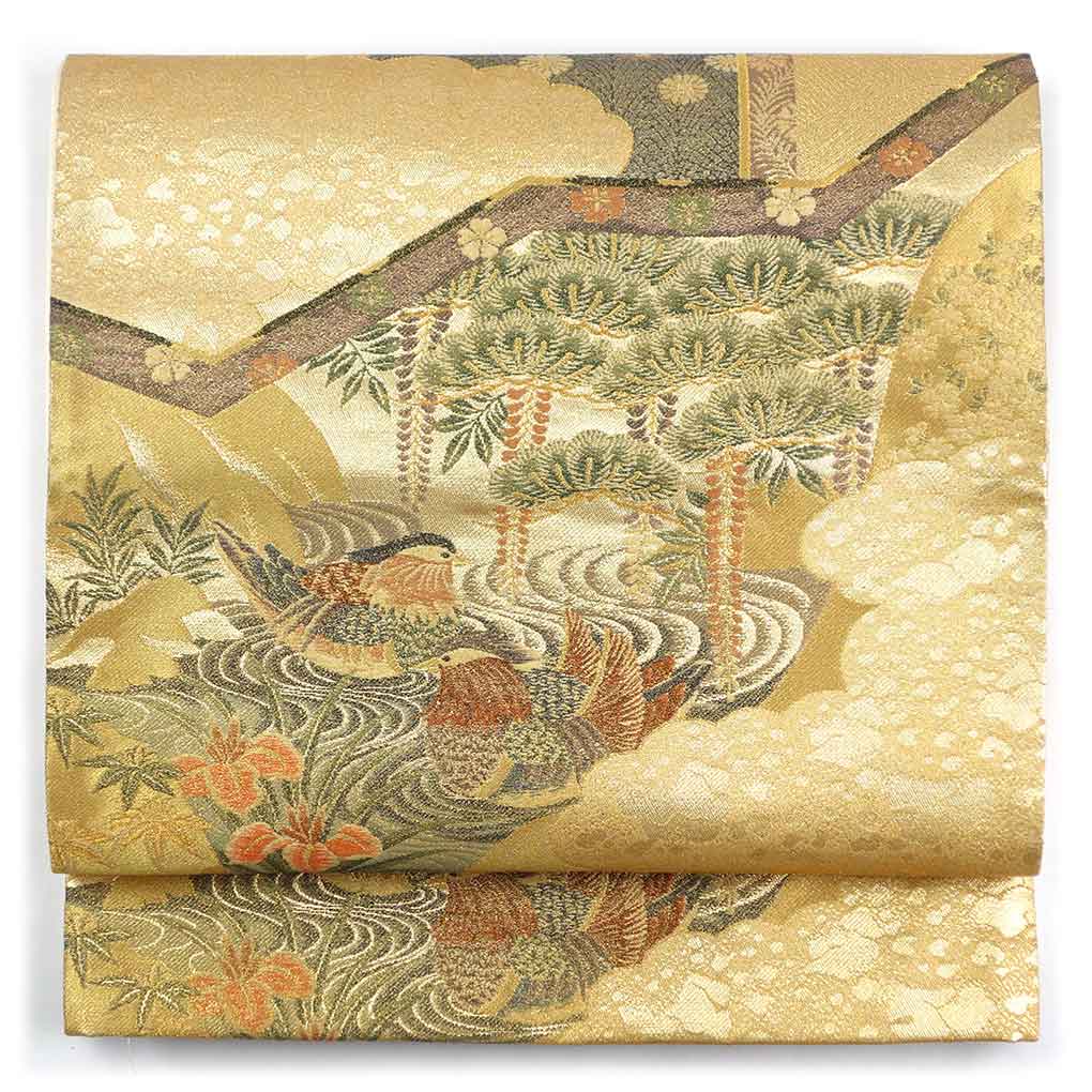 【中古】袋帯 リサイクル帯 幅30.5cm 長さ419cm レディース 鴛鴦 秋冬春用 正絹（シルク）ゴールド やや難 リメイク リユース