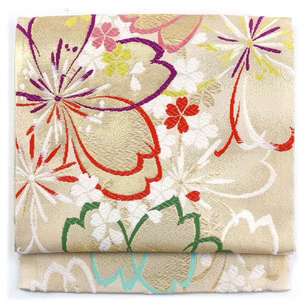 【中古】袋帯 リサイクル帯 幅31cm 長さ450cm レディース 桜 秋冬春用 正絹（シルク）ゴールド 美品 リメイク リユース