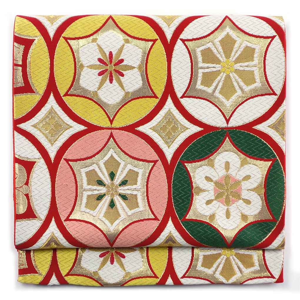 【中古】袋帯 リサイクル帯 幅31cm 長さ440cm レディース 連続模様 秋冬春用 正絹（シルク）レッド 美品 リメイク リユース