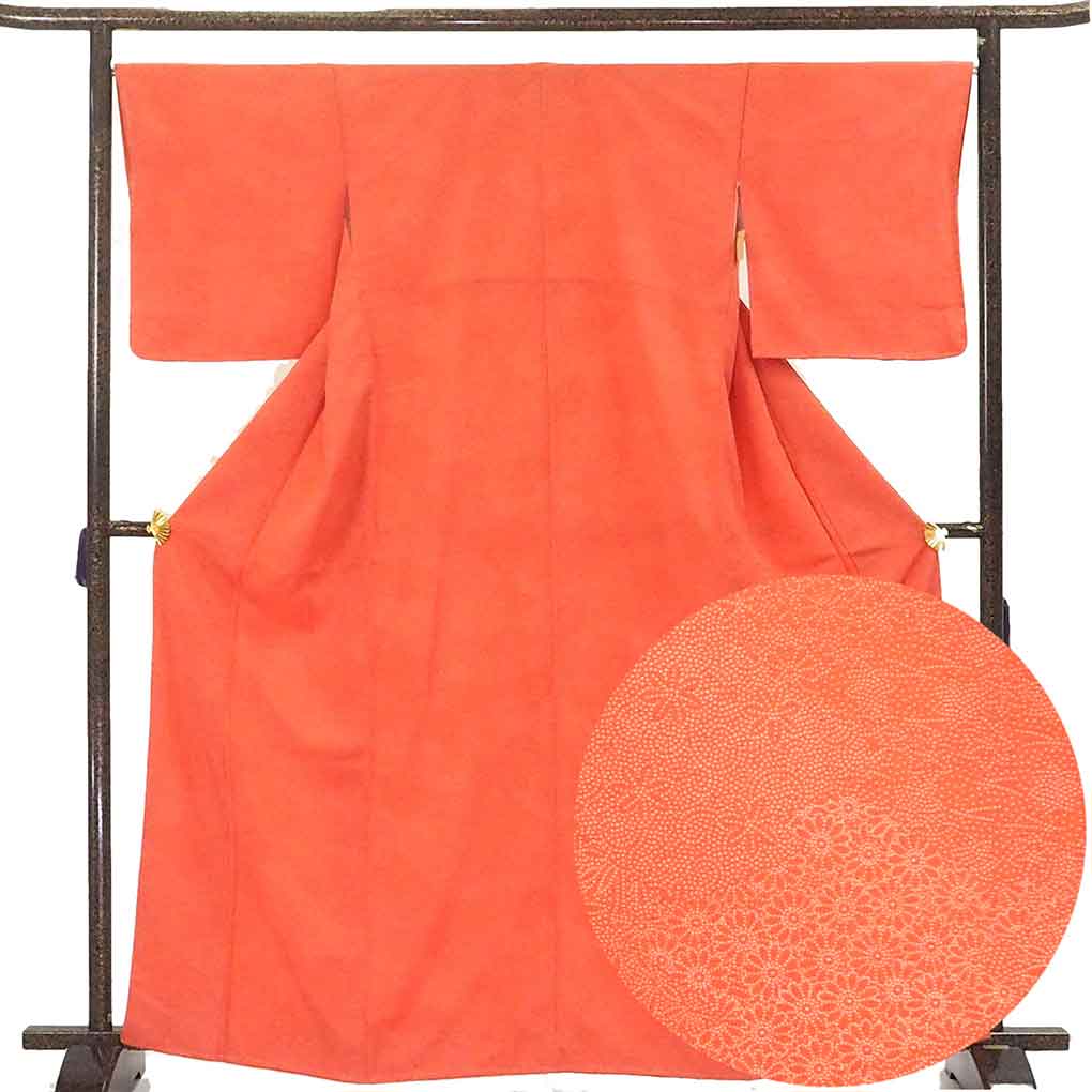 【中古】小紋 リサイクル着物 身丈165cm 裄68cm 前幅24cm 後幅30cm 袖丈49cm 袖幅34cm レディース 袷 江戸小紋 裄長 裄Lサイズ 秋冬春用 正絹（シルク）オレンジ地 トールサイズ 未使用品 リメイク リユース｜リサイクル着物 呉服のきくや