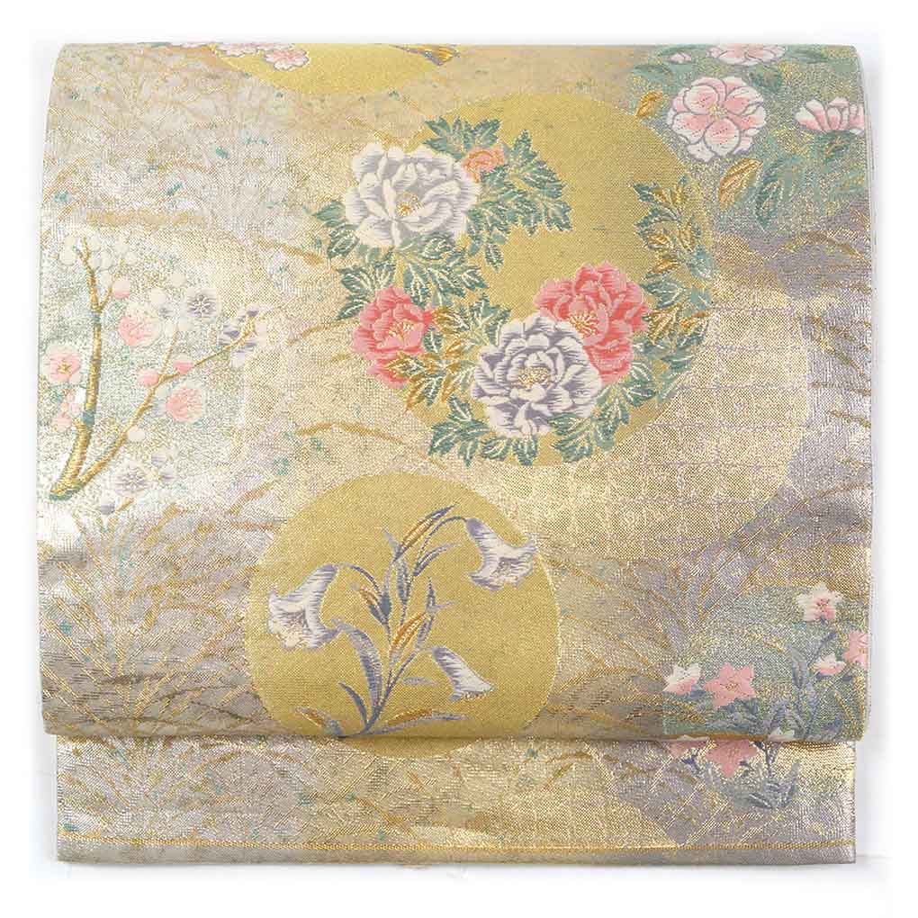 【中古】袋帯 リサイクル帯 幅31cm 長さ431cm レディース 袷 花丸紋 秋冬春用 正絹（シルク）ゴールド 美品 リメイク リユース｜リサイクル着物 呉服のきくや 11,000円