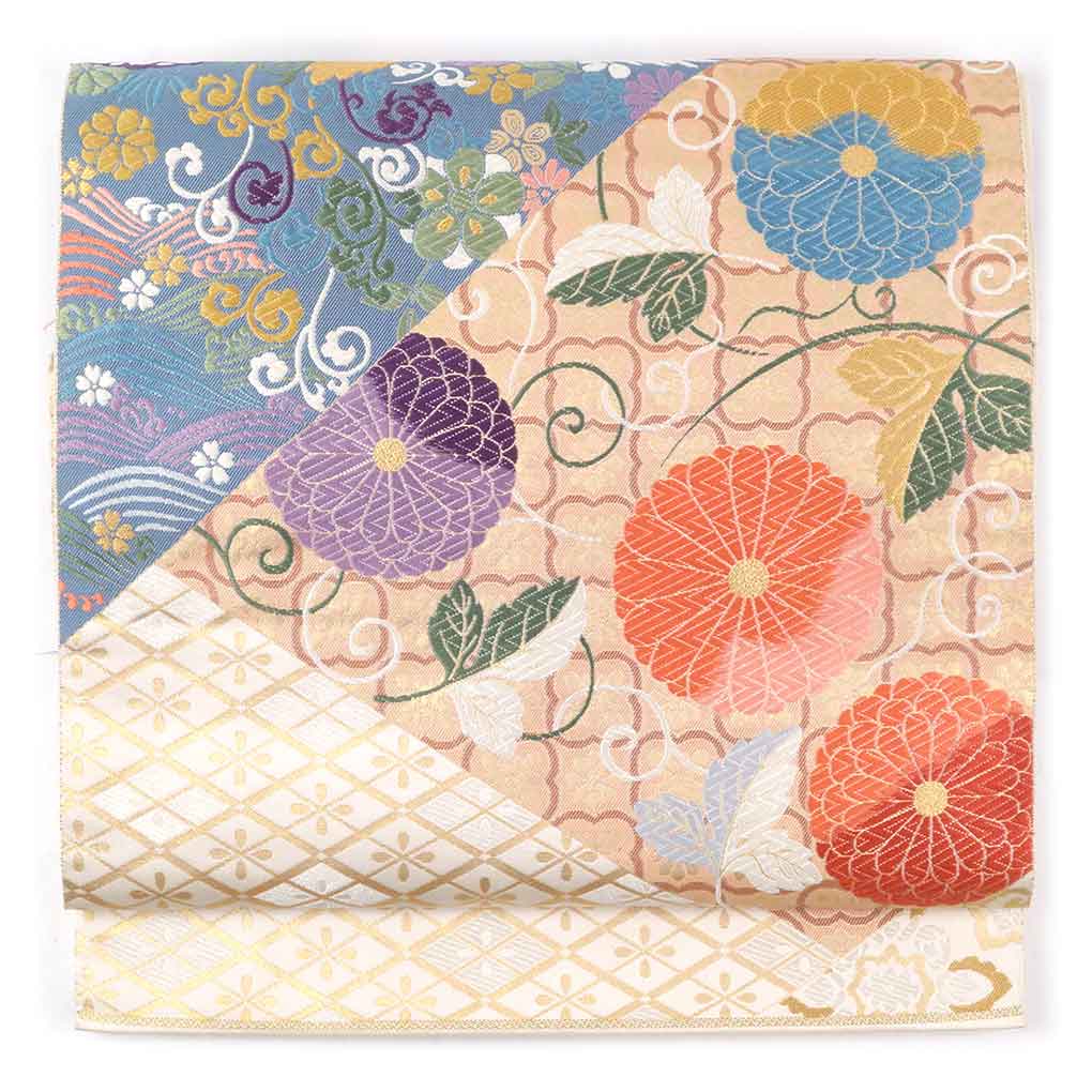 【中古】袋帯 リサイクル帯 幅30.5cm 長さ422cm レディース 花柄 秋冬春用 正絹（シルク）ベージュ 美品 リメイク リユース｜リサイクル着物 呉服のきくや 11,000円