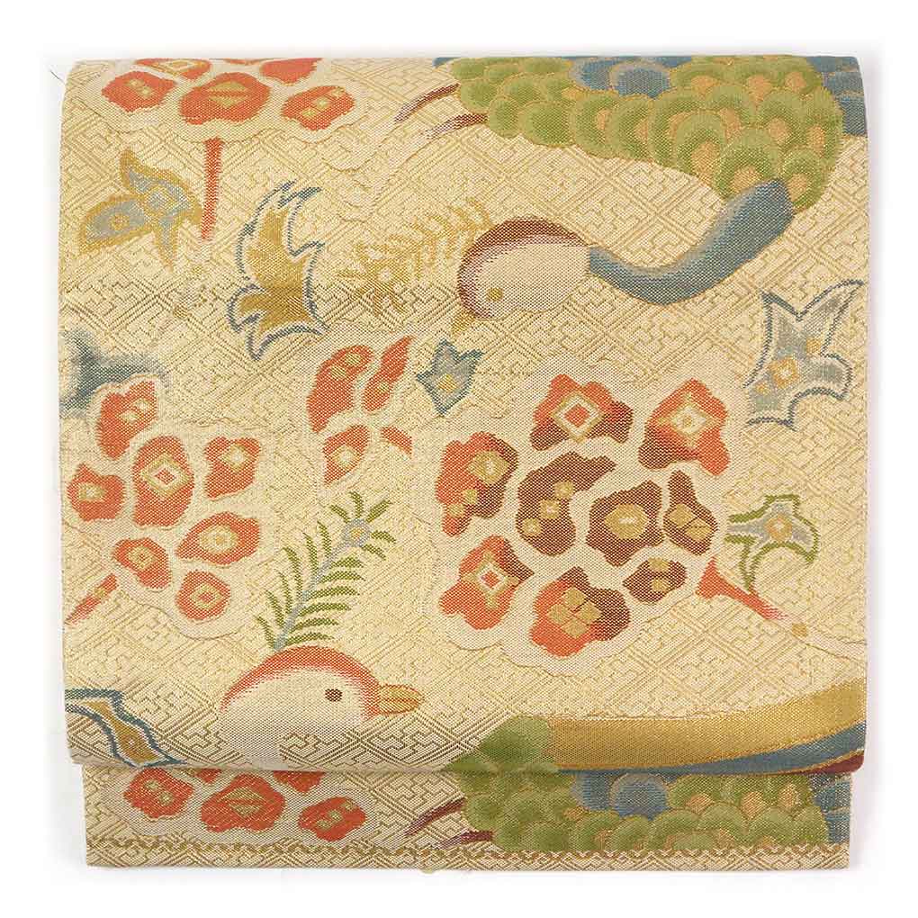 【中古】袋帯 リサイクル帯 幅31cm 長さ454cm レディース 鳳凰 秋冬春用 正絹（シルク）ゴールド 美品 リメイク リユース