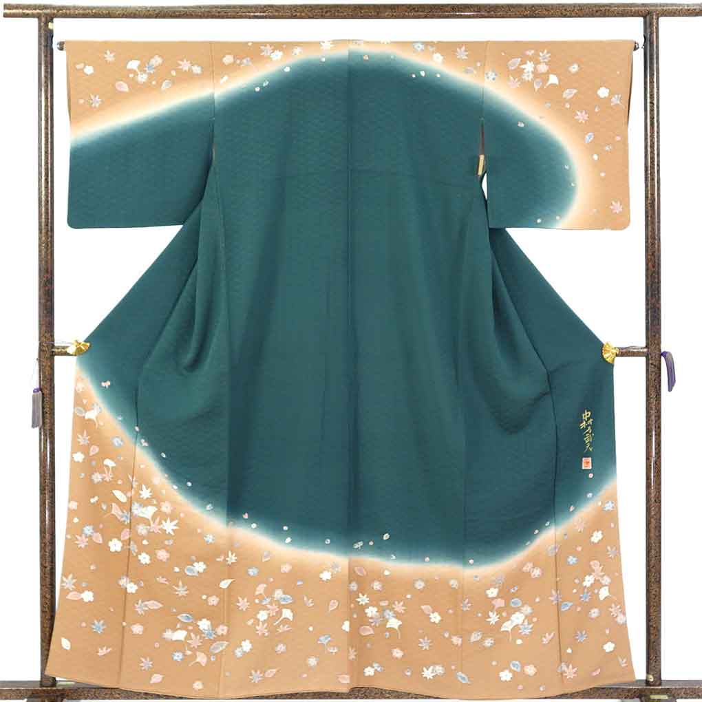 【中古】訪問着 リサイクル着物 身丈160cm 裄66cm 前幅24cm 後幅30.5cm 袖丈46cm 袖幅33cm レディース 袷 吹寄せ 裄長 裄M-Lサイズ 秋冬春用 正絹（シルク）グリーン 美品 中村乃武夫 リメイク リユース