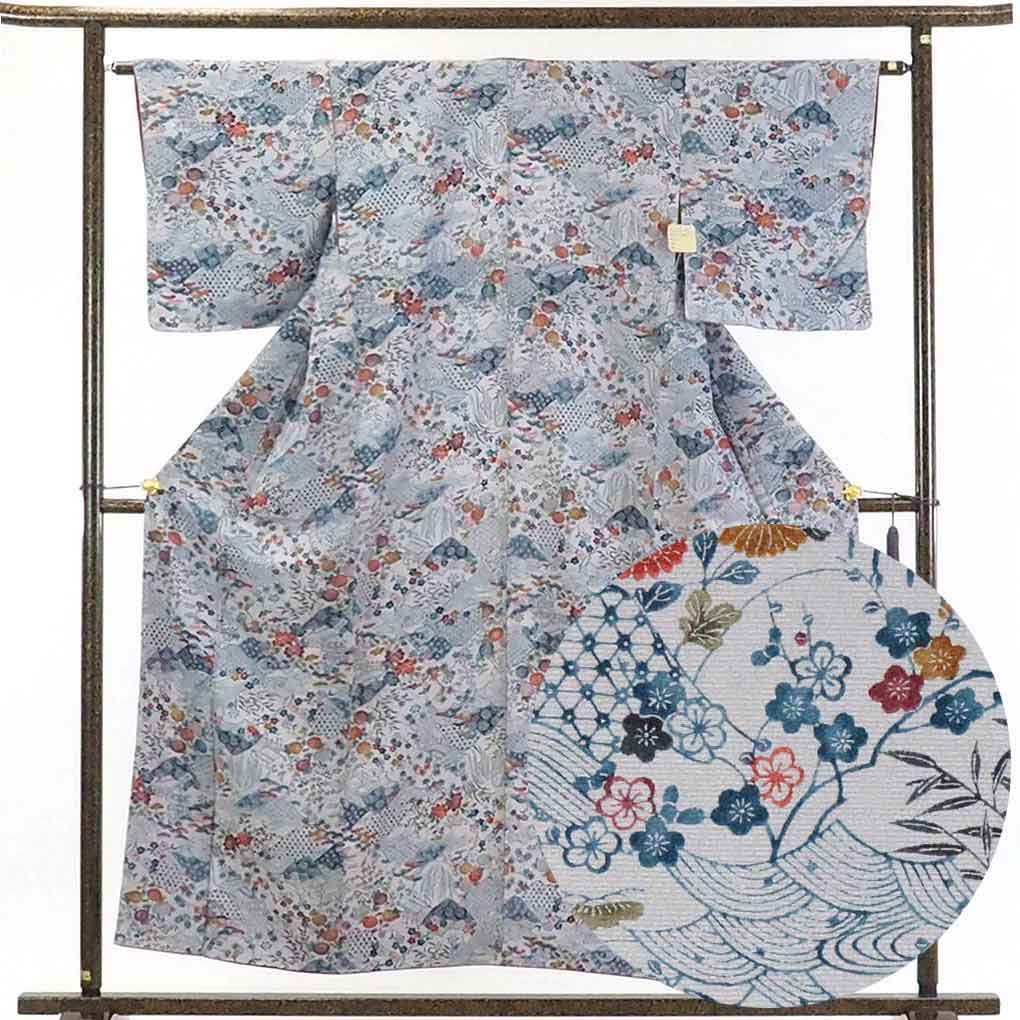 【中古】小紋 リサイクル着物 身丈156cm 裄63cm 前幅24cm 後幅29cm 袖丈47cm 正絹（シルク） レディース 袷仕立 秋冬春用 紫地 裄Mサイズ 未使用品 リユース