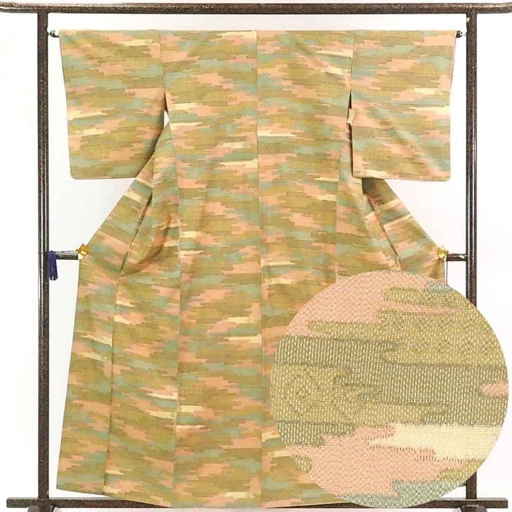 着物 あす楽 身丈161cm 裄mサイズ シルク 商品番号a グリーン 中古 前幅23 5cm 裄64cm リサイクル着物 裄64cm 古着 身丈161cm 秋冬春用 リサイクル 中古品 正絹グリーン地先染霞柄袷紬着物 正絹グリーン地先染霞柄袷紬着物 袖丈51cm カジュアル