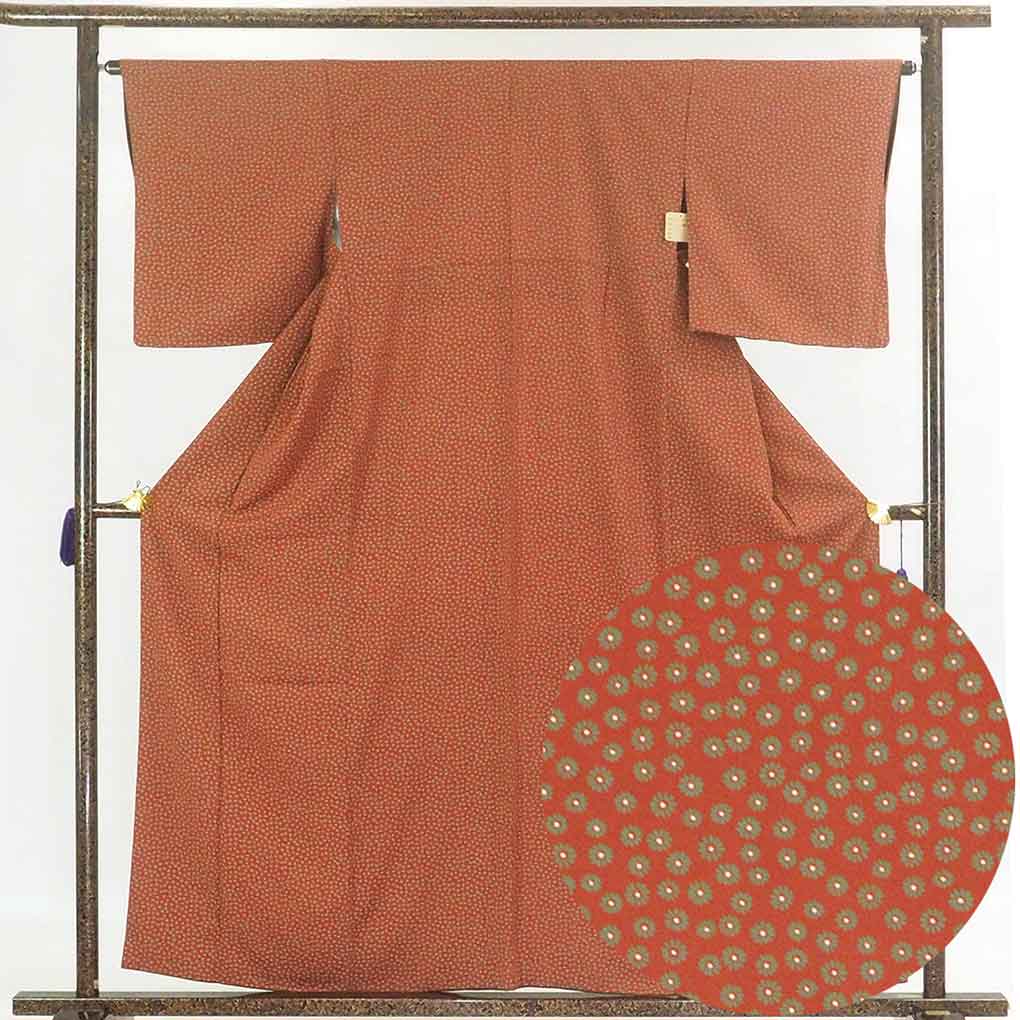 【中古】小紋 リサイクル着物 身丈160cm 裄64cm 前幅23cm 後幅28.5cm 袖丈49cm 正絹（シルク） レディース 袷仕立 秋冬春用 茶色 裄Mサイズ 美品 リユース｜リサイクル着物 呉服のきくや