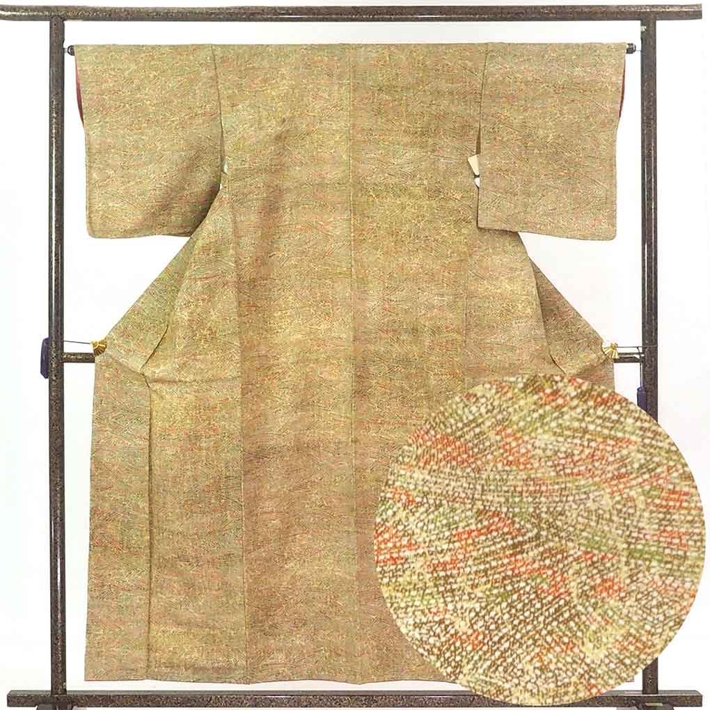 【中古】小紋 リサイクル着物 身丈159cm 裄66cm 前幅25cm 後幅30.5cm 袖丈49cm 正絹（シルク） レディース 袷仕立 秋冬春用 緑地 裄Mサイズ 未使用品 リユース