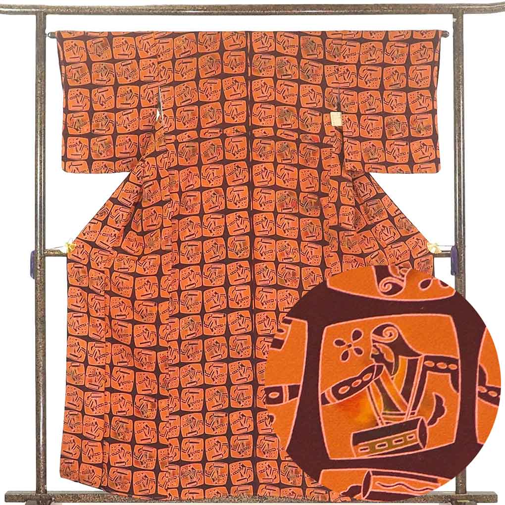 【中古】小紋 リサイクル着物 身丈160cm 裄65cm 前幅23cm 後幅29cm 袖丈50cm 正絹（シルク） レディース 袷仕立 秋冬春用 茶色 裄Mサイズ 未使用品 リユース