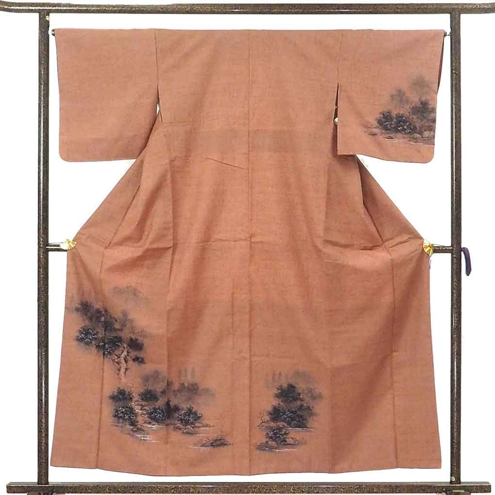 【中古】訪問着 リサイクル着物 身丈156cm 裄66cm 前幅24cm 後幅29.5cm 袖丈47cm 袖幅34cm レディース 袷 風景画 裄長 裄M-Lサイズ 秋冬春用 正絹(シルク)茶色 やや難 リメイク リユース
