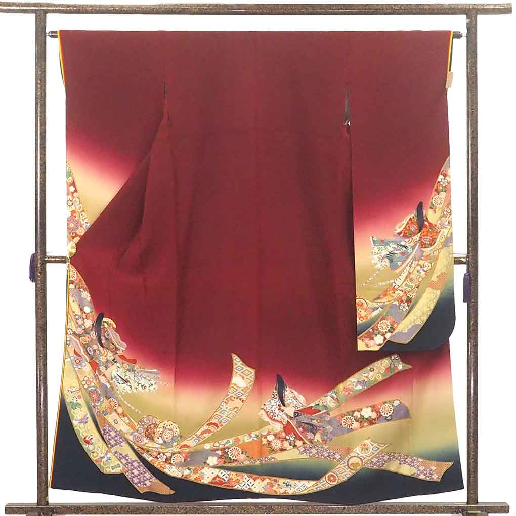 【中古】振袖 リサイクル着物 身丈158cm 裄63cm 前幅24cm 後幅30cm 袖丈105cm 袖幅33cm レディース 袷 熨斗目 裄Mサイズ 秋冬春用 正絹（シルク）赤地 美品 リメイク リユース｜リサイクル着物 呉服のきくや 20,306円
