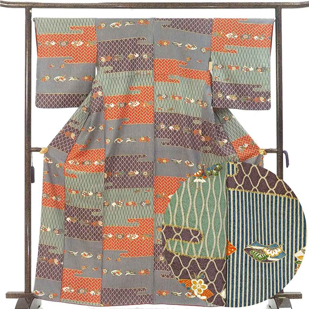 【中古】小紋 リサイクル着物 身丈165cm 裄67cm 前幅23cm 後幅30cm 袖丈53cm 袖幅33cm レディース 袷 霞 裄長 裄Lサイズ 秋冬春用 正絹（シルク）オレンジ トールサイズ 美品 三田村環 リメイク リユース