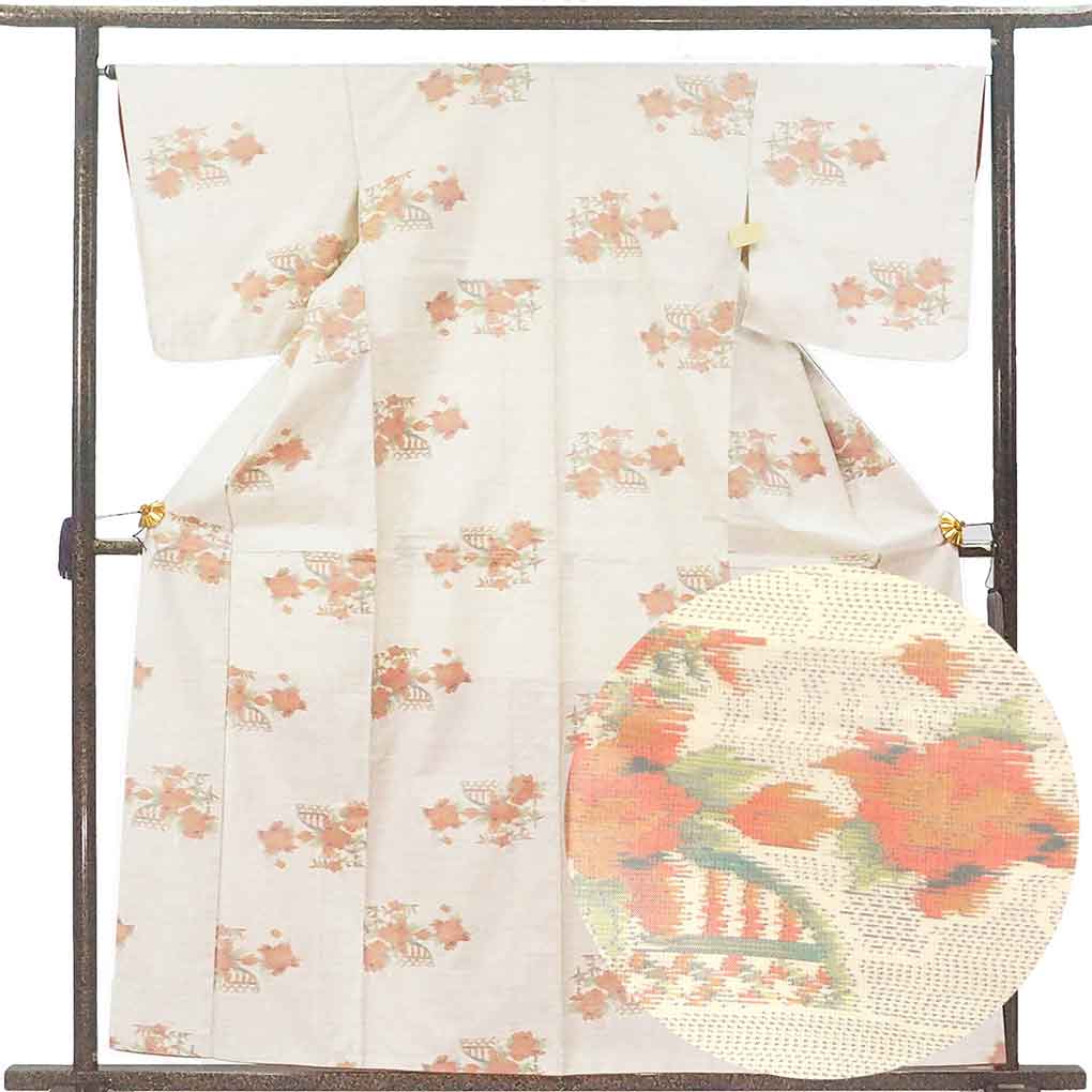 【中古】紬 リサイクル着物 身丈161cm 裄66cm 前幅23cm 後幅30cm 袖丈48cm 袖幅34cm レディース 袷 花柄 裄長 裄M-Lサイズ 秋冬春用 正絹（シルク）ホワイト 美品 リメイク リユース