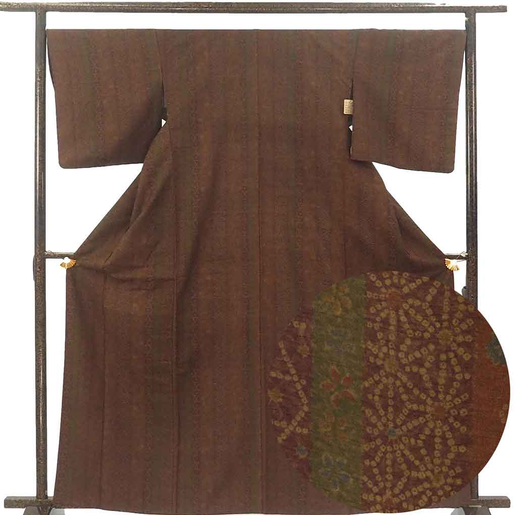 【中古】小紋 リサイクル着物 身丈164cm 裄68cm 前幅23.5cm 後幅29cm 袖丈49cm 袖幅34cm レディース 袷 連続模様 裄長 裄Lサイズ 秋冬春用 正絹（シルク）ブラウン トールサイズ 美品 リメイク リユース｜リサイクル着物 呉服のきくや
