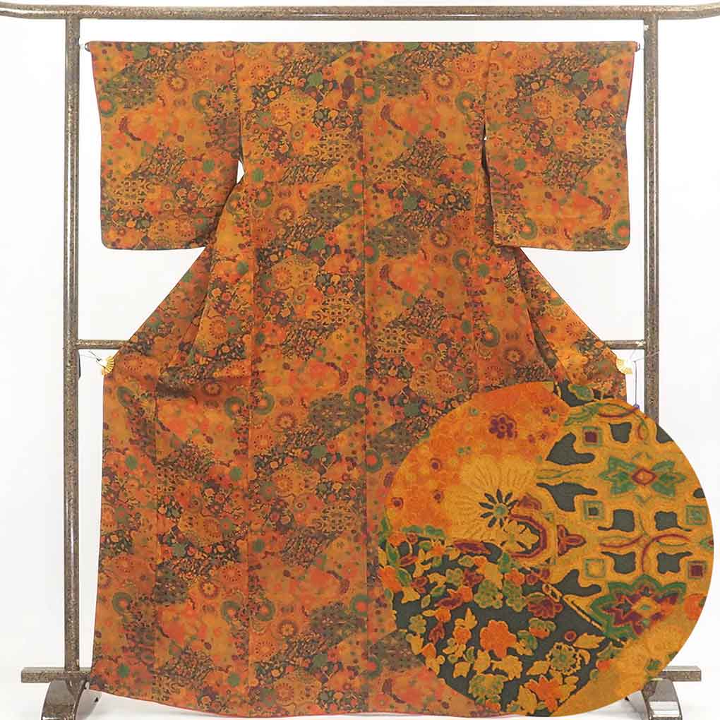 【中古】小紋 リサイクル着物 身丈169cm 裄65cm 前幅23cm 後幅29cm 袖丈52cm 正絹（シルク） レディース 袷仕立 秋冬春用 茶色 裄Mサイズ トールサイズ 美品 リユース