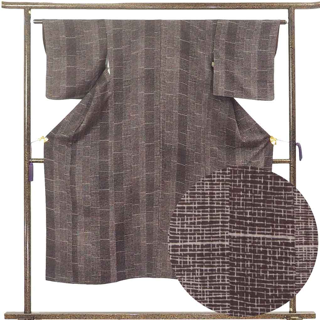 【中古】小紋 リサイクル着物 身丈145cm 裄64cm 前幅23cm 後幅26cm 袖丈45cm 袖幅32cm レディース 袷 連続模様 裄Mサイズ 秋冬春用 正絹（シルク）茶色 美品 リメイク リユース