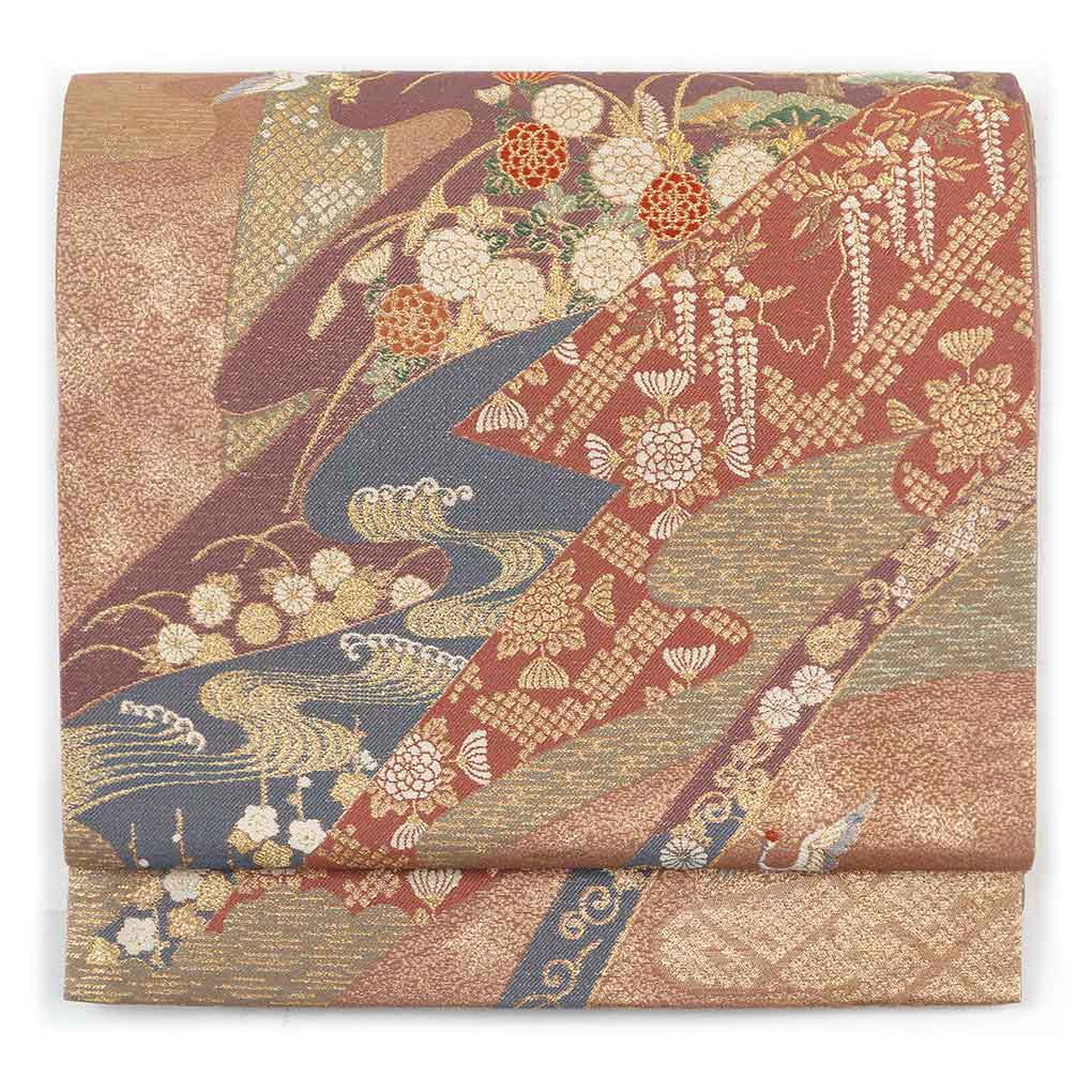 【中古】袋帯 リサイクル着物 幅30.5cm 長さ441cm レディース 連続模様 秋冬春用 正絹（シルク）茶色 美品 リメイク リユース