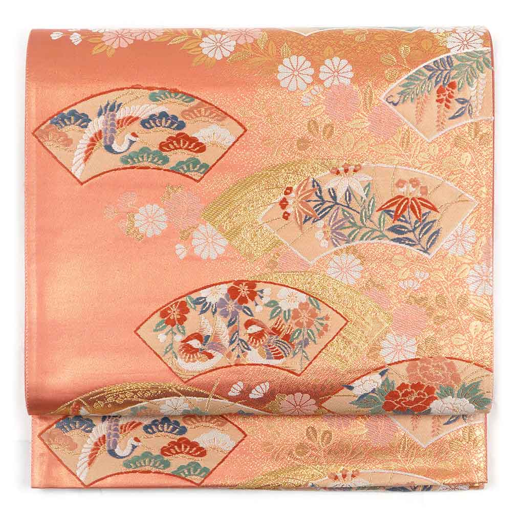 【中古】袋帯 リサイクル着物 幅31cm 長さ423cm レディース 扇面 秋冬春用 正絹（シルク）ピンク地 美品 リメイク リユース