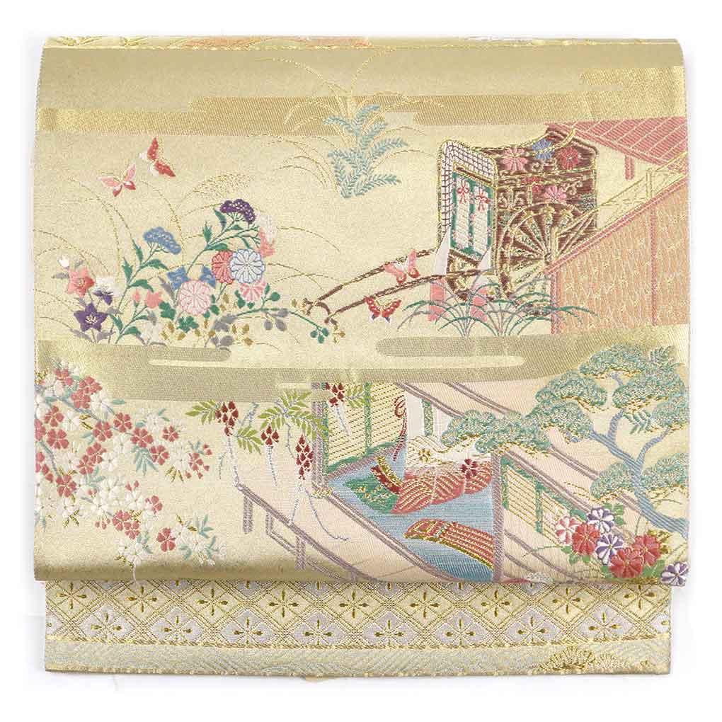 【中古】袋帯 リサイクル着物 幅30.5cm 長さ437cm レディース 宮中柄 秋冬春用 正絹（シルク）金地 未使用品 リメイク リユース