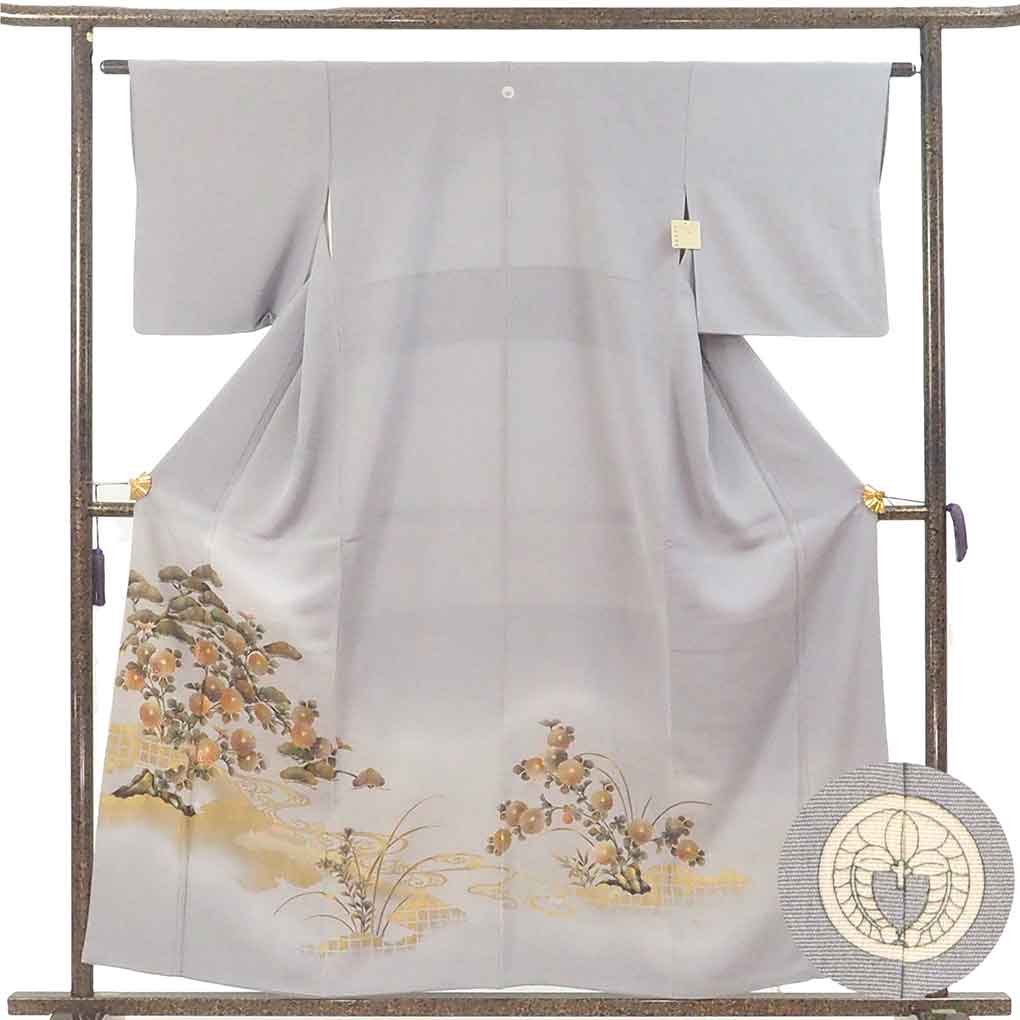 【中古】色留袖 リサイクル着物 身丈158cm 裄62cm 前幅25cm 後幅30cm 袖丈47cm 袖幅32.5cm レディース 袷 松 裄Sサイズ 秋冬春用 正絹(シルク)グレー 美品 リメイク リユース|リサイクル着物 呉服のきくや