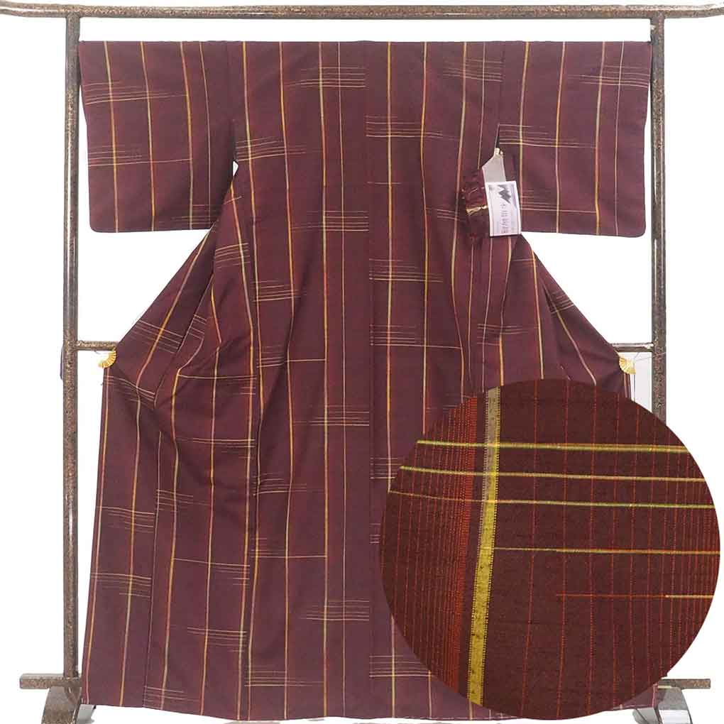 【中古】紬 リサイクル着物 身丈159cm 裄68cm 前幅24cm 後幅30cm 袖丈49cm 袖幅35cm レディース 袷 格子 裄長 裄Lサイズ 秋冬春用 正絹（シルク）ブラウン 未使用品 リメイク リユース