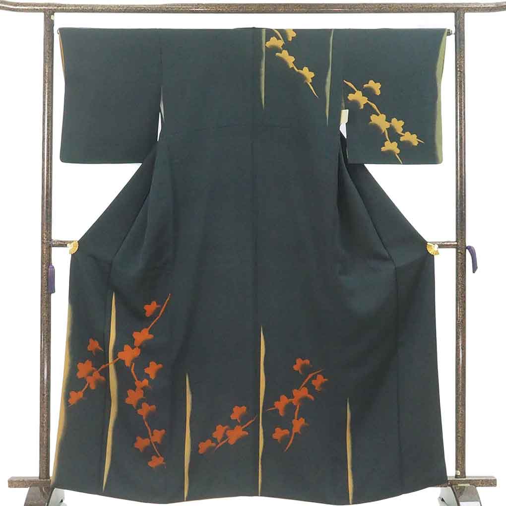 【中古】訪問着 リサイクル着物 身丈164cm 裄65cm 前幅24cm 後幅29cm 袖丈48cm 袖幅33cm レディース 袷 桜 裄Mサイズ 秋冬春用 正絹（シルク）ネイビー トールサイズ 美品 リメイク リユース