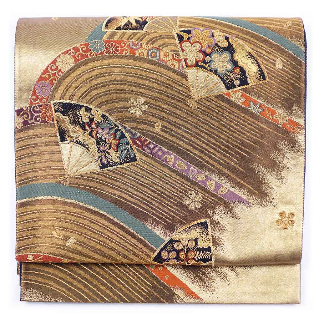 【中古】袋帯 リサイクル帯 幅31cm 長さ432cm レディース 扇面 秋冬春用 正絹（シルク）ゴールド 美品 リメイク リユース