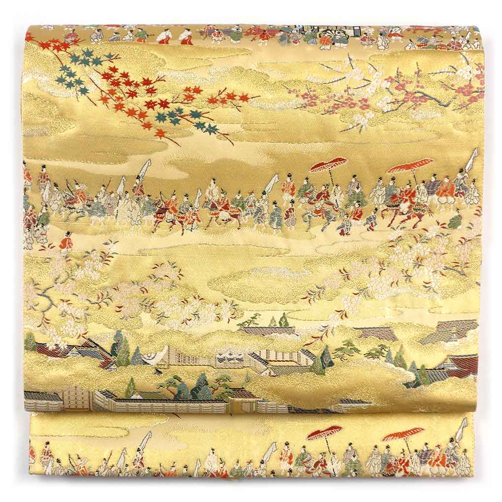 【中古】袋帯 リサイクル帯 幅31cm 長さ430cm レディース 大名行列 秋冬春用 正絹（シルク）ゴールド 未使用品 リメイク リユース