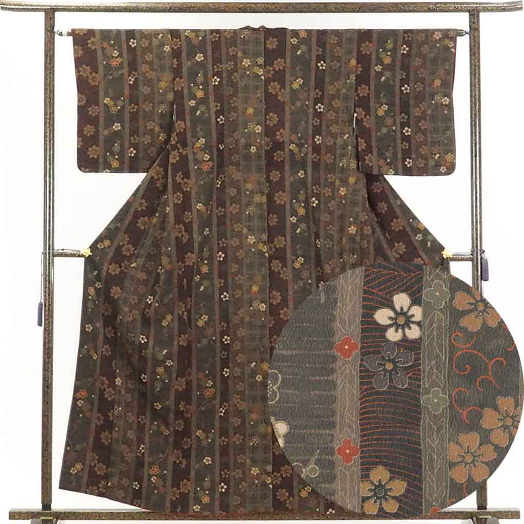 【中古】小紋 リサイクル着物 身丈160cm 裄63cm 前幅25cm 後幅30cm 袖丈49cm 正絹(シルク) レディース 袷仕立 秋冬春用 茶色 裄Mサイズ 美品 リユース|リサイクル着物 呉服のきくや