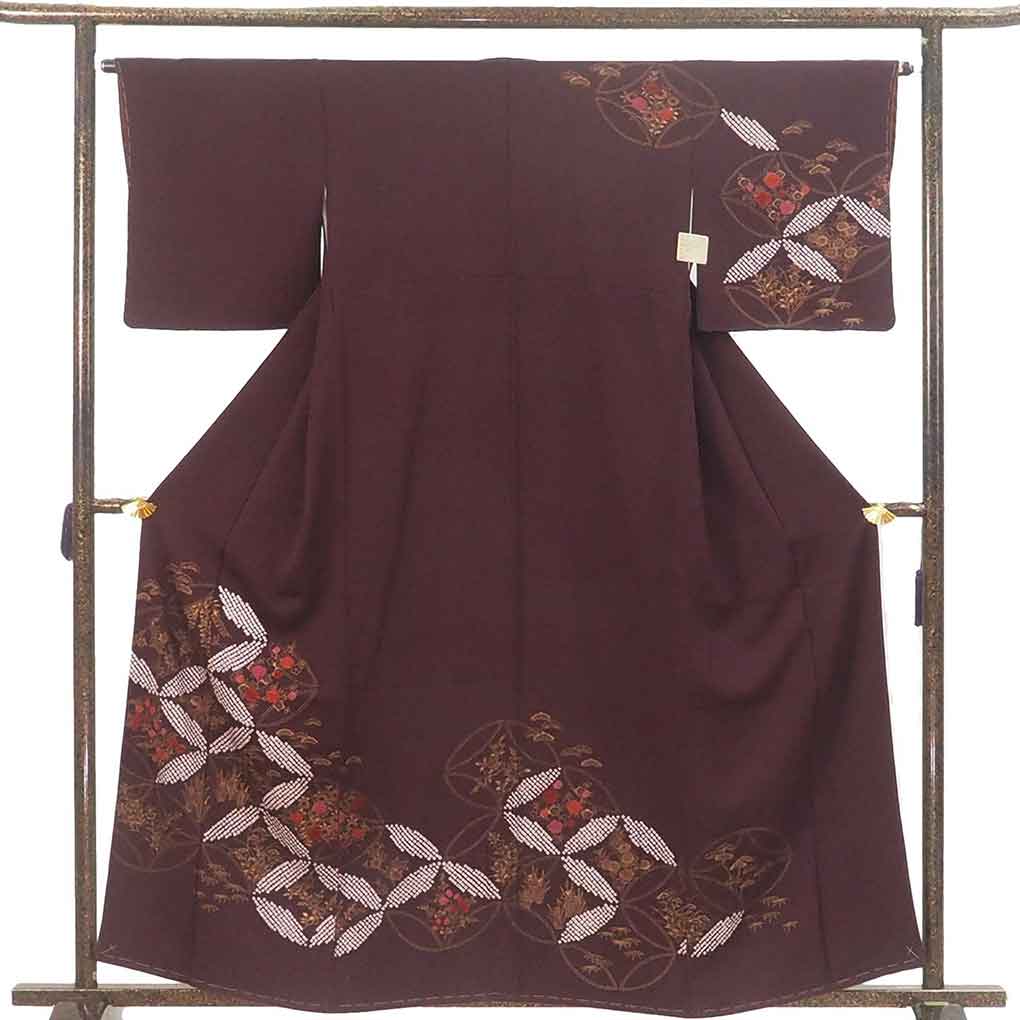 【中古】訪問着 リサイクル着物 身丈161cm 裄64cm 前幅25cm 後幅30cm 袖丈46cm 袖幅33cm レディース 袷 花柄 裄Mサイズ 秋冬春用 正絹（シルク）パープル 未使用品 リメイク リユース