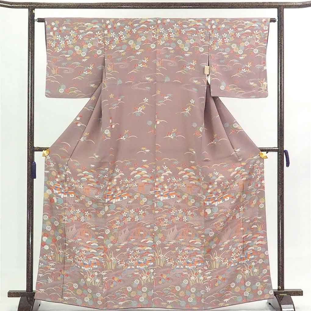 【中古】訪問着 リサイクル着物 身丈168cm 裄62cm 前幅24cm 後幅29cm 袖丈46cm 正絹（シルク） レディース 袷仕立 秋冬春用 茶色 裄Sサイズ トールサイズ 未使用品 リユース｜リサイクル着物 呉服のきくや