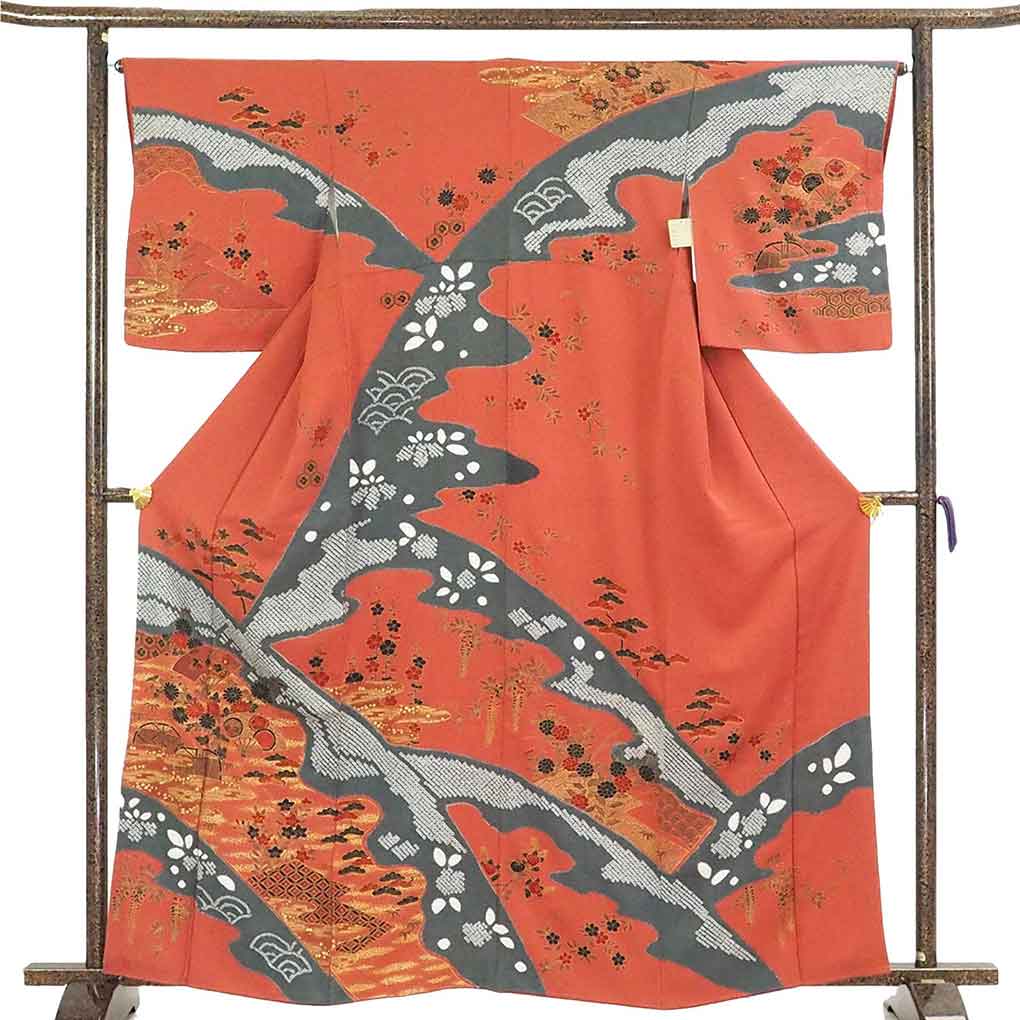 【中古】訪問着 リサイクル着物 身丈164cm 裄66cm 前幅24cm 後幅29cm 袖丈50cm 袖幅34cm レディース 袷 四季の花柄 裄長 裄M-Lサイズ 秋冬春用 正絹（シルク）赤地 トールサイズ 美品 リメイク リユース｜リサイクル着物 呉服のきくや