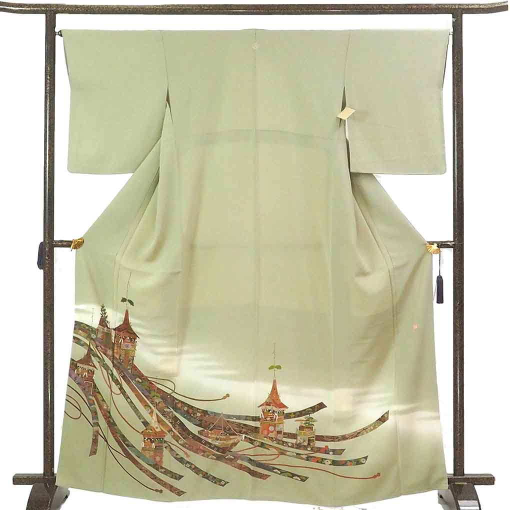 【中古】色留袖 リサイクル着物 身丈167cm 裄丈66cm 前幅25cm 後幅29cm 袖丈51cm 袖幅34cm レディース 袷 祇園祭 裄長 裄M-Lサイズ 秋冬春用 正絹（シルク）グリーン トールサイズ 美品 リメイク リユース