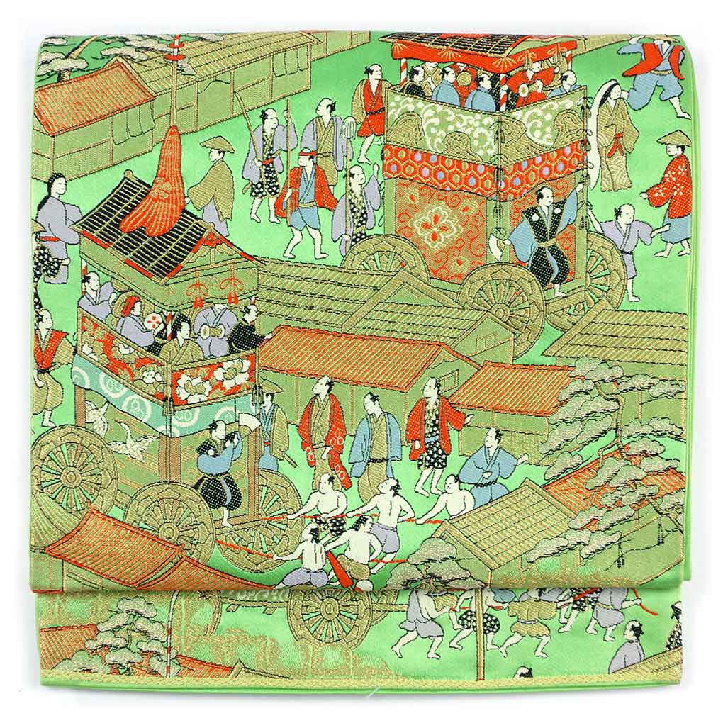 【中古】袋帯 リサイクル帯 幅30cm 長さ408cm レディース 祇園祭 秋冬春用 正絹（シルク）グリーン やや難 リメイク リユース