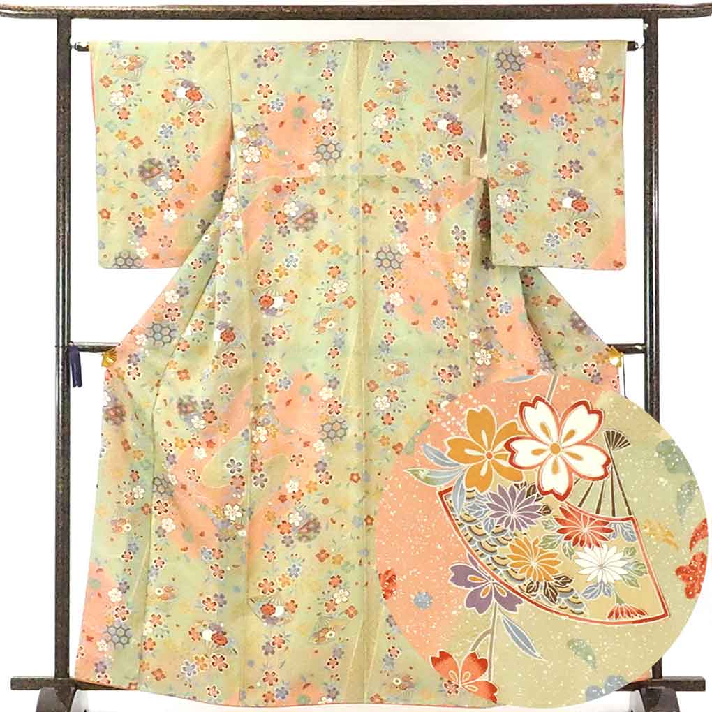 【中古】小紋 リサイクル着物 身丈164cm 裄64cm 前幅24.5cm 後幅29.5cm 袖丈56cm 正絹（シルク） レディース 袷仕立 秋冬春用 緑地 裄Mサイズ トールサイズ 美品 リユース