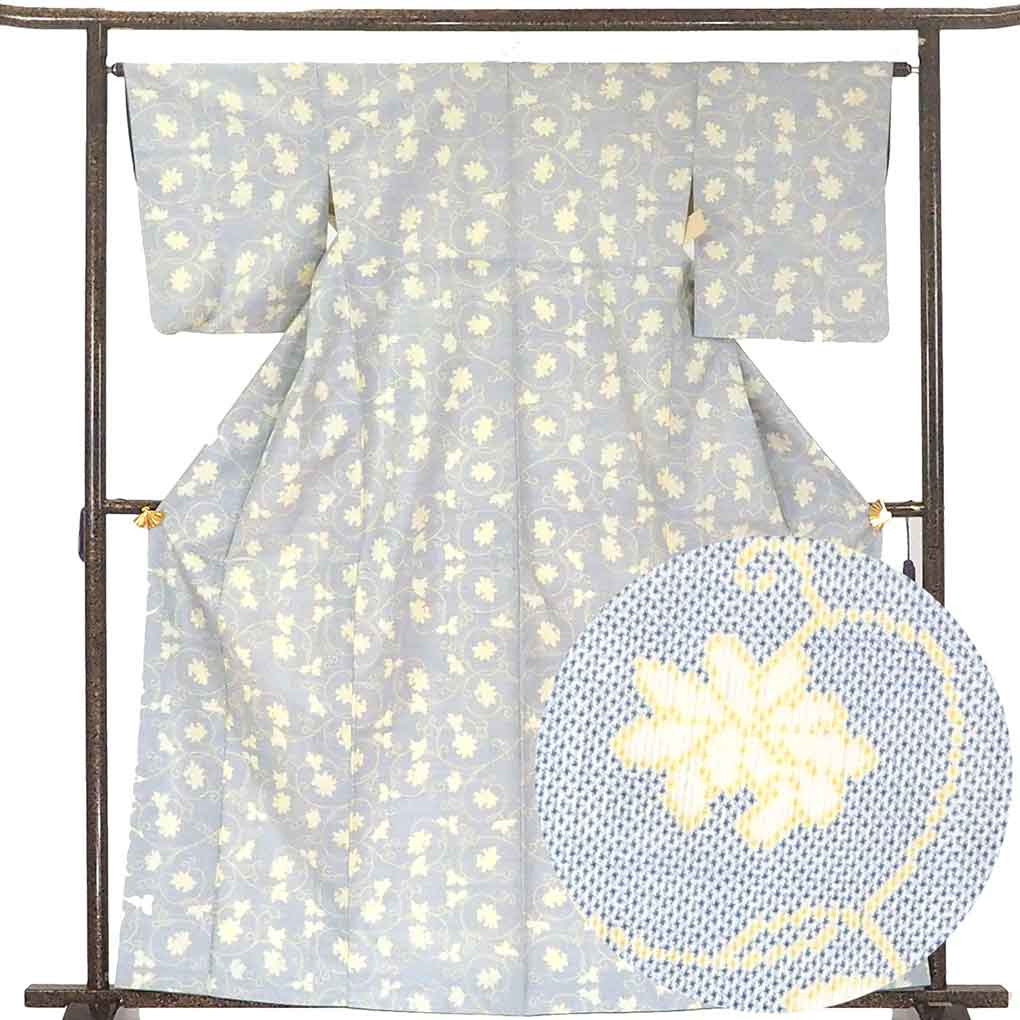 【中古】紬 リサイクル着物 身丈162cm 裄64cm 前幅23.5cm 後幅30cm 袖丈49cm 正絹（シルク） レディース 袷仕立 秋冬春用 ブルー地 裄Mサイズ リユース