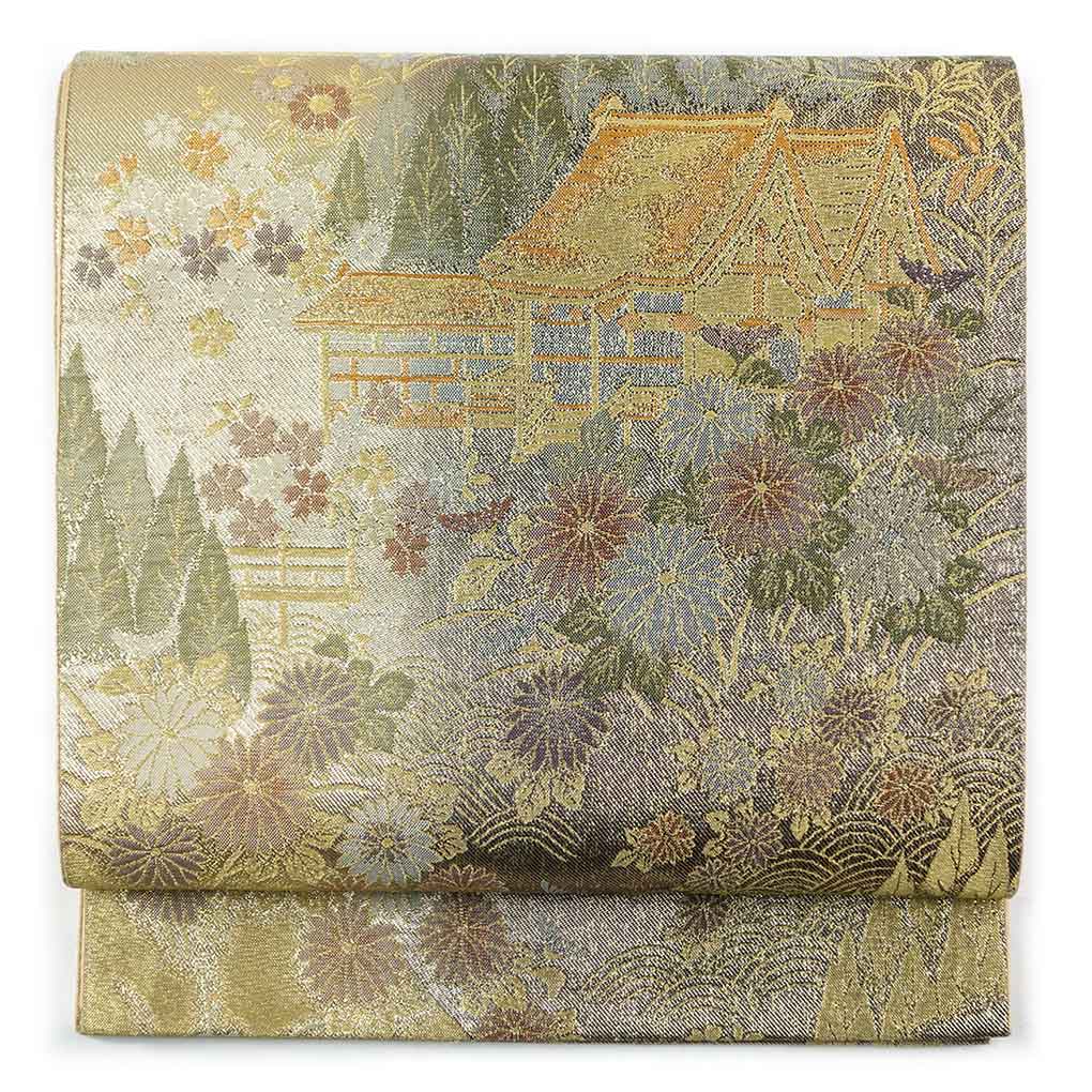 【中古】袋帯 リサイクル帯 幅31cm 長さ427cm レディース 風景画 秋冬春用 正絹（シルク）ゴールド 美品 リメイク リユース 8,140円