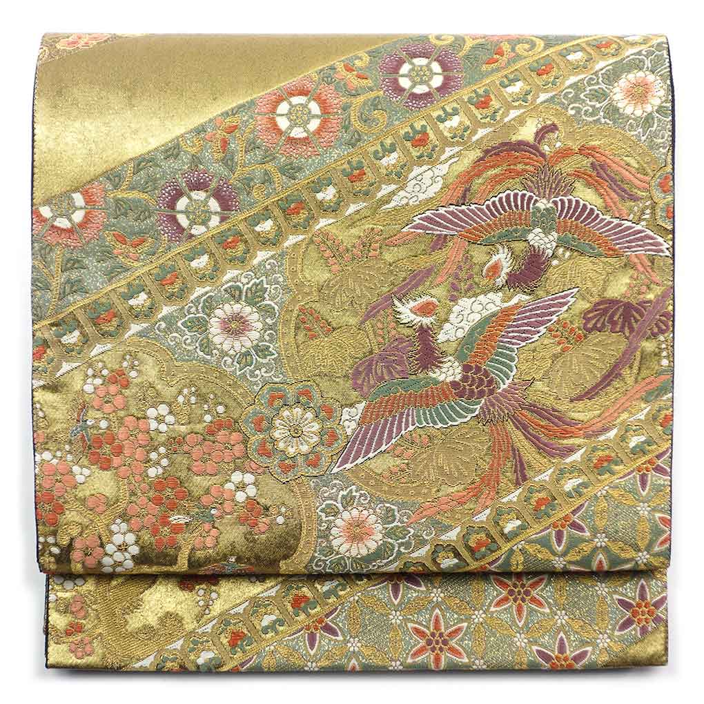 【中古】袋帯 リサイクル帯 幅30.5cm 長さ427cm レディース 鳳凰 秋冬春用 正絹（シルク）ゴールド 美品 リメイク リユース
