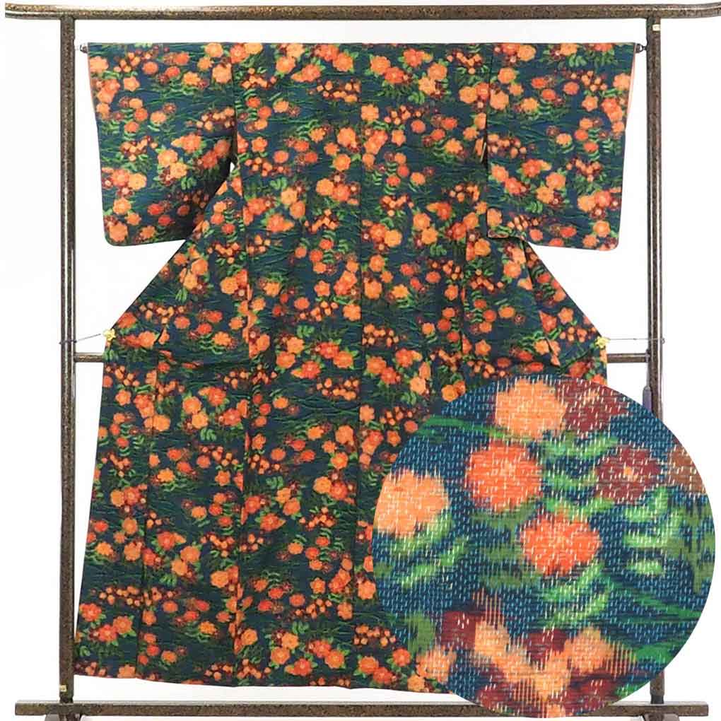【中古】紬 リサイクル着物 身丈158cm 裄65cm 前幅24cm 後幅30cm 袖丈51cm 正絹（シルク） レディース 袷仕立 秋冬春用 紺地 裄Mサイズ 美品 リユース 9,317円